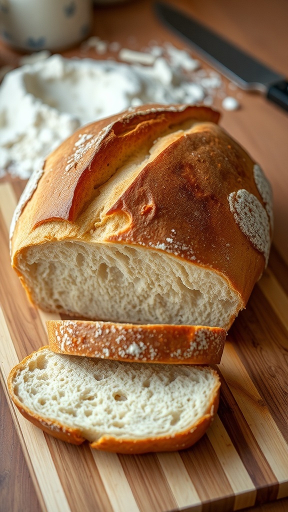 A golden-brown artisan sourdough bread loaf on a wooden board with slices cut, showcasing its chewy interior.